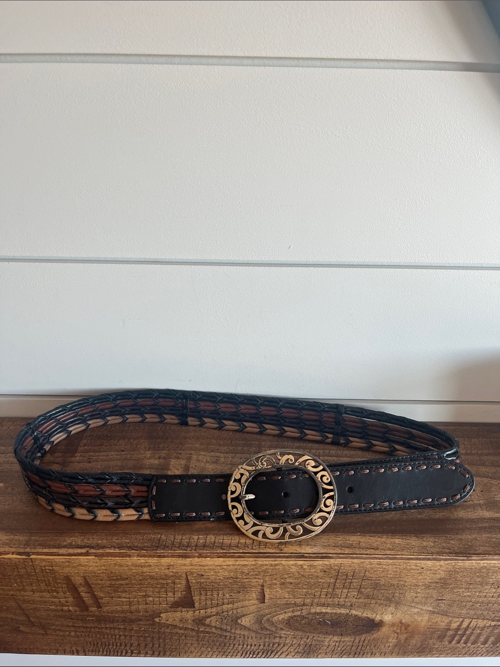 Brighton Woven Leather Belt with Ornate Silver Buckle - Black, Brown & Tan